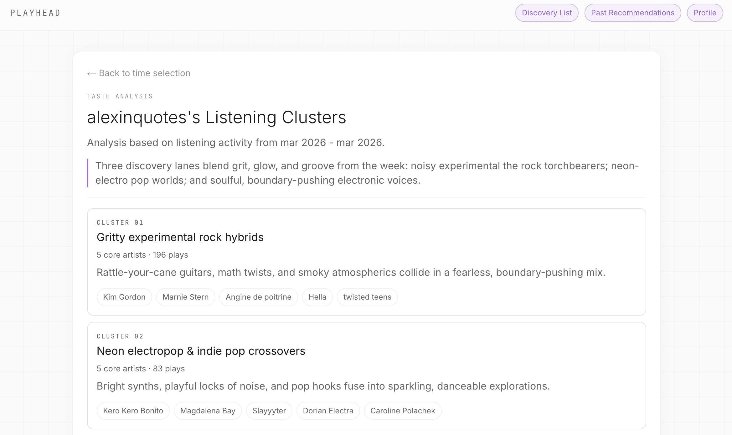 Listening clusters from a week of activity — three distinct lanes of taste with member artists and descriptions